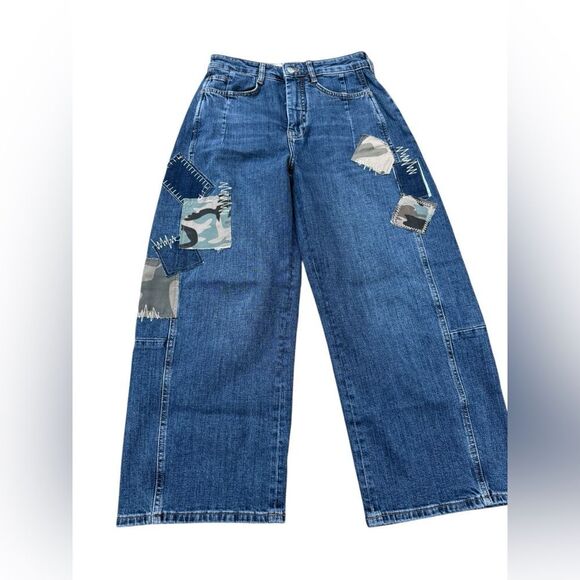 Anthropologie-Pilcro camo Patchwork Heritage Curve Mid-Rise Barrel Jeans-26 - Picture 1 of 6